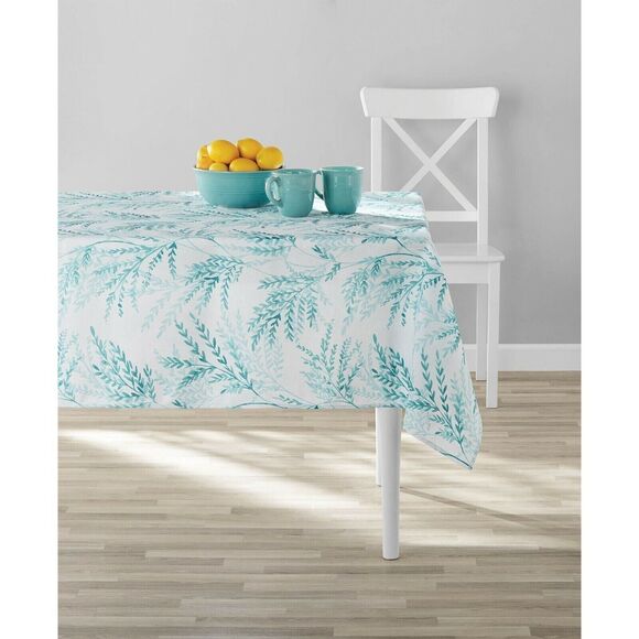 Maiden Hair Fabric Tablecloth White Teal Botanical Leaves 52" x 70" Kitchen Gift - Picture 2 of 4